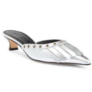 AEYDE Tania Kiltie Fringe Silver Metallic Mule Pumps 37=7